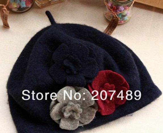 Wholesale free shipping ladies''s fashion sweet flower soft wool hat Beanies Cap Autumn Spring Winter color dark blue
