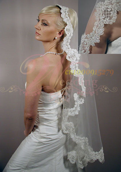 Wholesale free shipping mantilla veils beaded&Lace bridal veils hand beaded Alencon lace edge