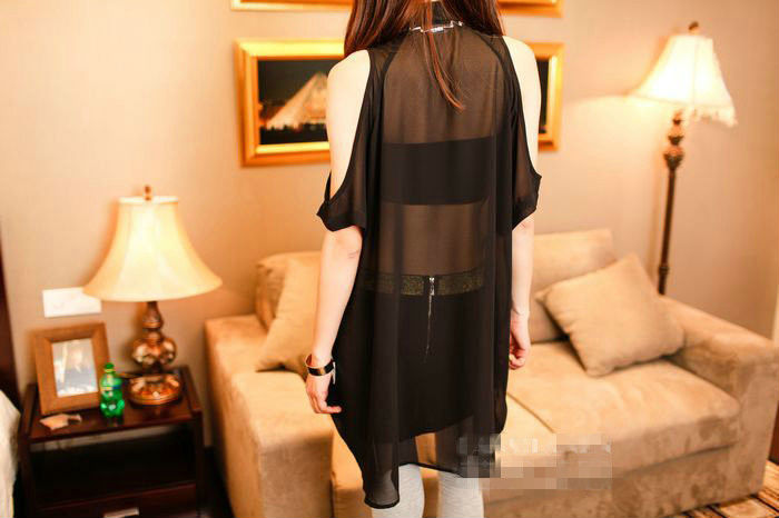 Wholesale+Free Shipping !! New!! 2013 Women Europe Dew Shoulder Lapel Perspective Short Sleeve Chiffon Blouse 4 Colors