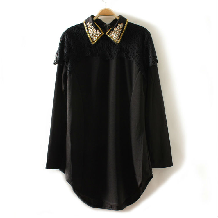 Wholesale+Free Shipping !! New!! 2013 Women Europe Retro Lapel Set Auger Long Sleeve Lace Splice Shirt Blouse 2 Colors