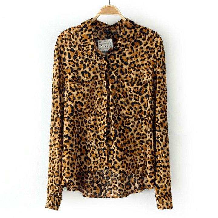 Wholesale+Free Shipping !! New!! 2013 Women European Leopard  Printed Lapel Double Pocket Long Sleeve Shirt Blouse