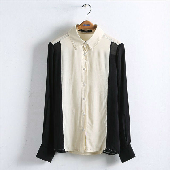 Wholesale+Free Shipping !! New!! 2013 Women European Retro Lapel Color Hit Long Sleeve Chiffon Shirts Blouse 2 Colors