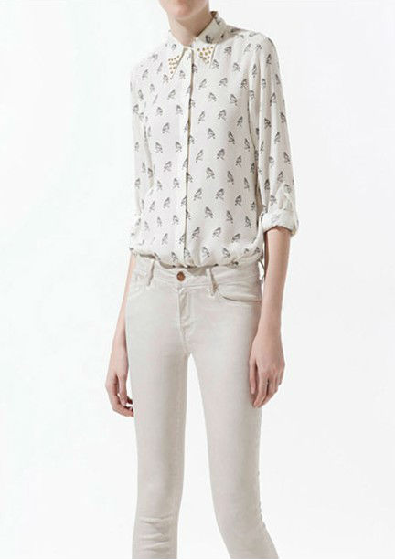 Wholesale+Free Shipping !! New!! 2013 Women European Retro Loose Solid Owl Print Rivet Lapel Long Sleeve Shirts Blouse