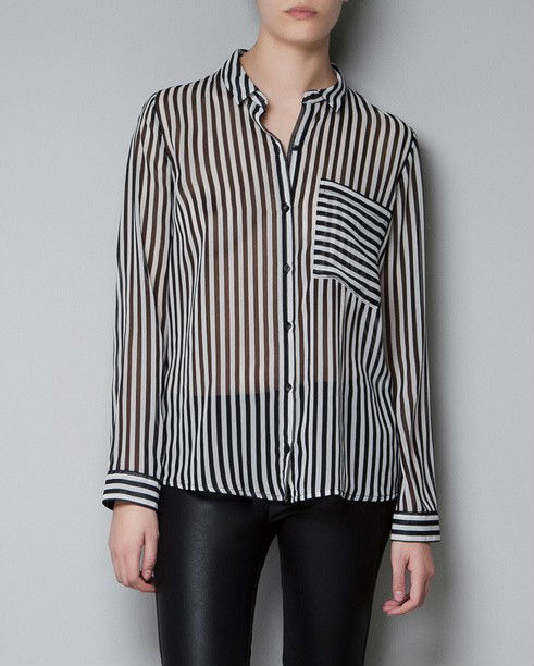 Wholesale+Free Shipping !! New!! 2013 Women European Retro Vertical Stripe Lapel Perspective Long Sleeve Shirt Blouse