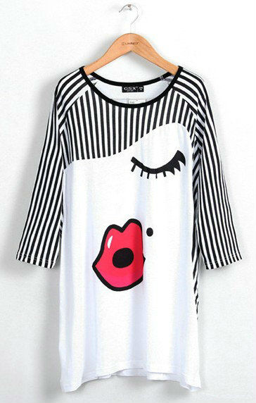 Wholesale+Free Shipping !! New!! 2013 Women European Round Collar Lip Printing Stripped Half Sleeve Casual T-Shirt