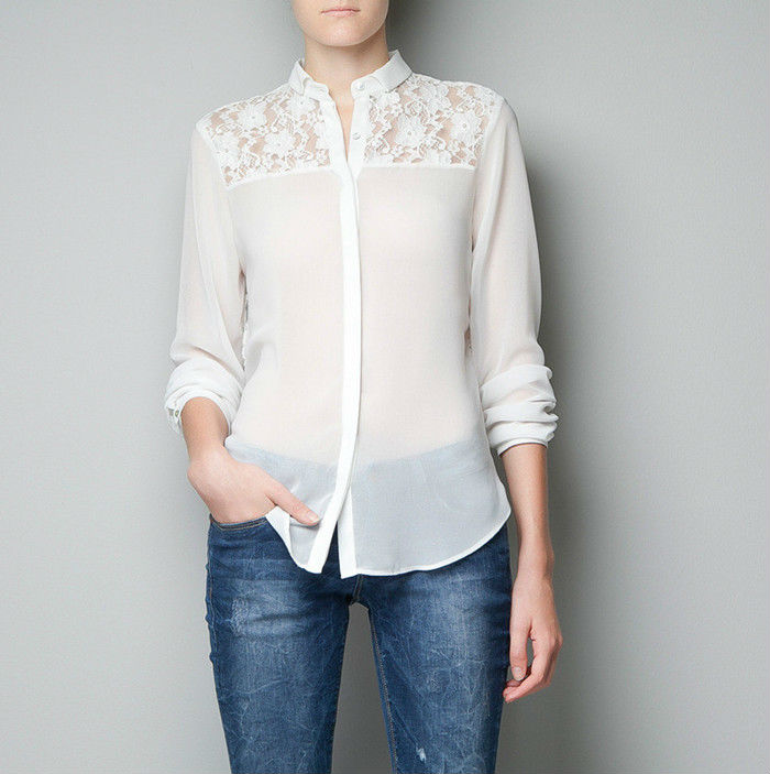 Wholesale+Free Shipping !! New!! 2013 Women European Stand Collar Long Sleeve Lace Splice Chiffon Blouse 2 Colors