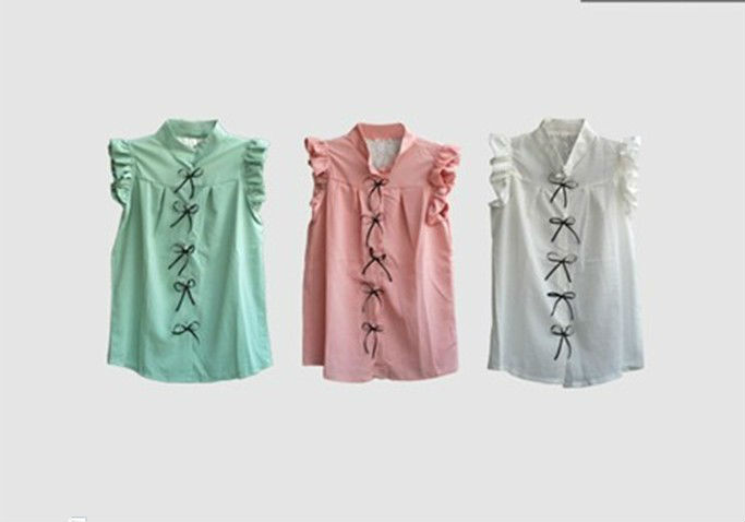 Wholesale+Free Shipping !! New!! 2013 Women Korean Casual Bowknot Sleeveless Chiffon Shirts Blouse 3 Solid Colors