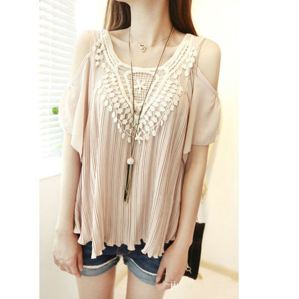 Wholesale+Free Shipping !! New!! 2013 Women Korean Dew Shoulder Crochet Bouffancy Short Sleeve Chiffon Blouse 2 Colors