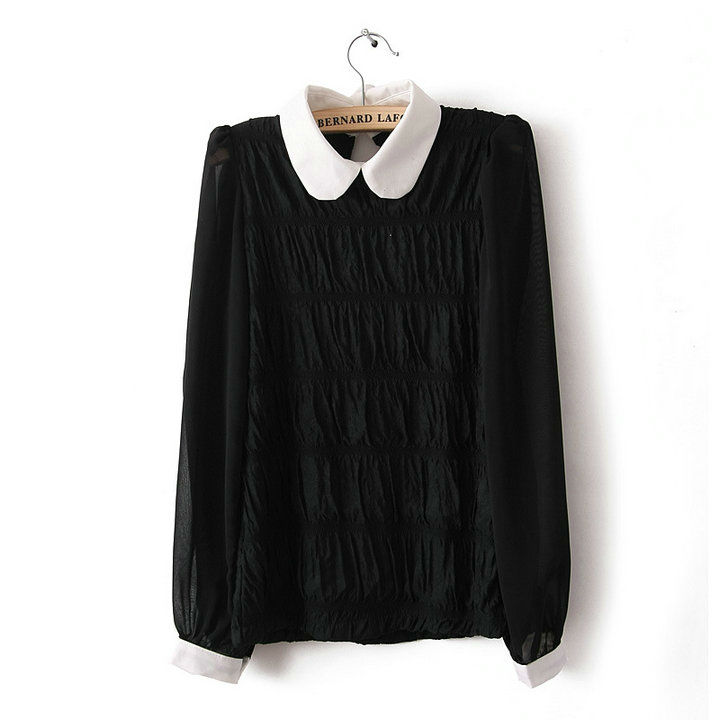 Wholesale+Free Shipping !! New!! 2013 Women Korean Lapel Long Puff Sleeve Bouffancy Chiffon Shirt Pullover 3 Colors