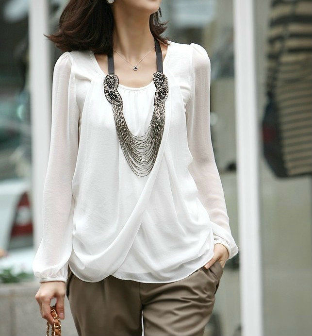 Wholesale+Free Shipping !! New!! 2013 Women Korean Solid Falbala Round Neck Long Sleeve Chiffon Shirts Blouse 3 Colors
