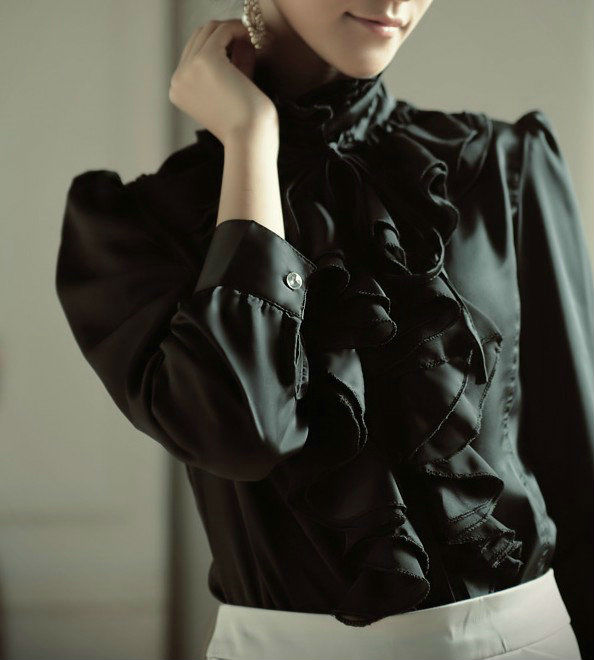 Wholesale+Free Shipping !! New!! 2013 Women Retro Flouncing Long Puff Sleeve Stand Collar Chiffon Blouse 2 Colors