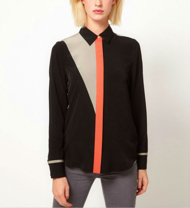 Wholesale+Free Shipping !! New!! 2013  Women's Casual European Color Splice Long Sleeve Lapel Chiffon Shirt Blouse