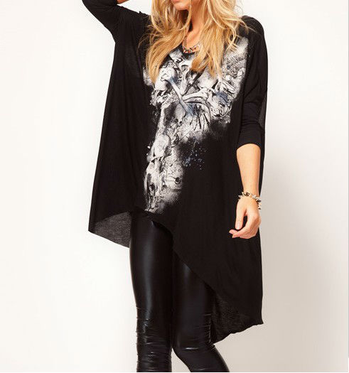 Wholesale+Free Shipping !! New!! 2013 Women's Europe Casual Irregular Punk Skull Print Half Sleeve T-Shirts Black