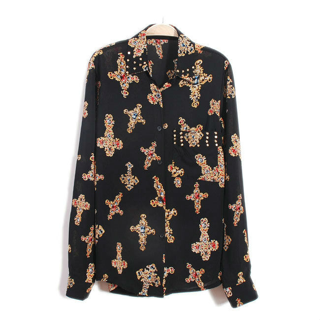 Wholesale+Free Shipping !! New!! 2013 Women's Europe Retro Chiffon Loose Rivet Lapel Long Sleeve Shirts 3 Colors