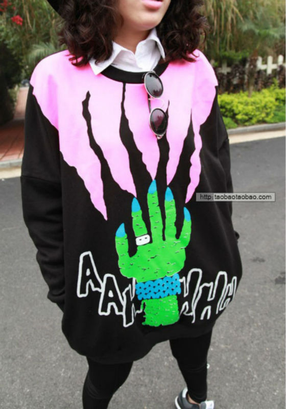 Wholesale+Free Shipping !! New!! 2013 Women's European Cartoon Ghostclaws Printed Hoodie Loose Black Smock Outwear