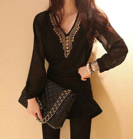 Wholesale+Free Shipping !! New!! 2013 Women's European Pullover Rivet Thin Chiffon Long Sleeve Shirts Blouse Black