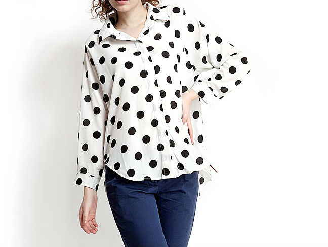 Wholesale+Free Shipping !! New!! 2013 Women's European Retro Leisure Dot Print Lapel Long Sleeve Chiffon Shirts Blouse