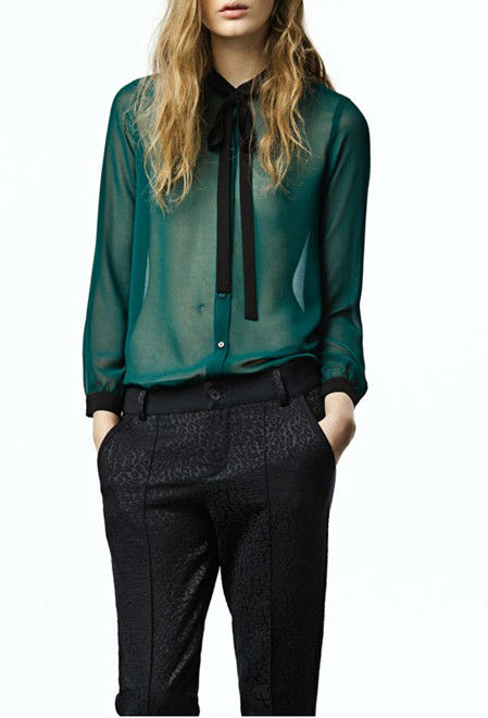 Wholesale+Free Shipping !! New!! 2013 Women's European Retro Loose Solid Bowknot Perspective Long Sleeve Shirts Blouse