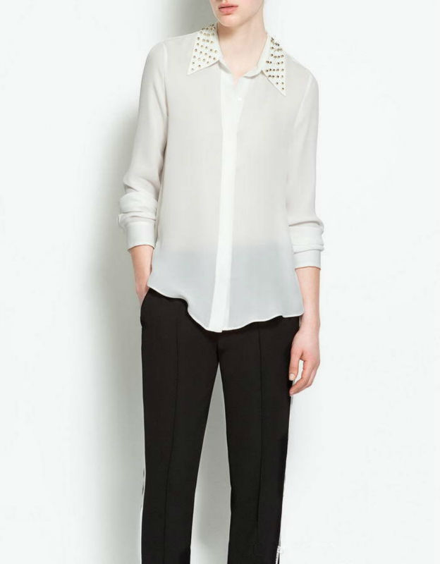 Wholesale+Free Shipping !! New!! 2013 Women's European Retro Rivet Lapel Long Sleeve Chiffon Shirts Blouse 2 Colors