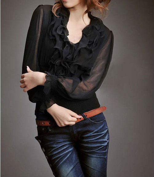 Wholesale+Free Shipping !! New!! 2013 Women's Falbala Puff Long Sleeve Chiffon Cotton Splice Color Stitching Shirt