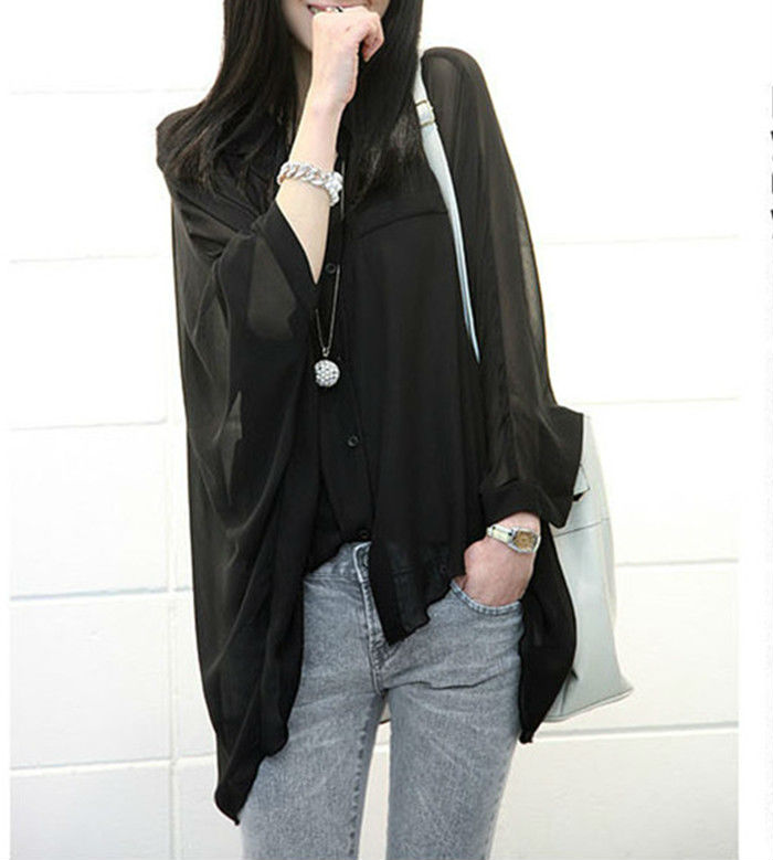 Wholesale+Free Shipping !! New!! 2013 Women's Irregular Lapel Bat Sleeve Perpective Chiffon Shirts Blouse 3 Colors
