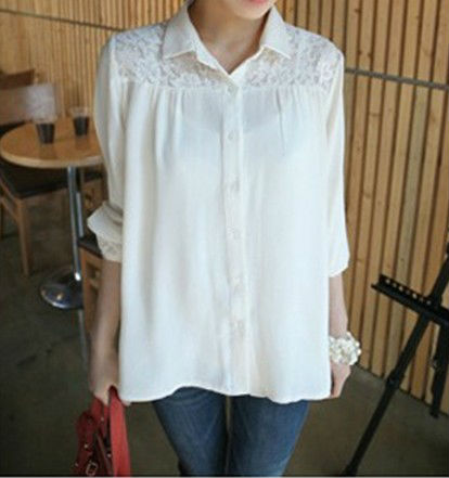 Wholesale+Free Shipping !! New!! 2013 Women's Korean Solid Lapel Long Sleeve Lace Splice Cotton Shirt Blouse White
