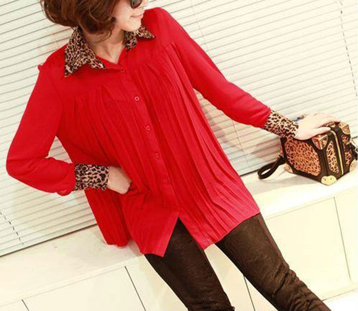Wholesale+Free Shipping !! New!! 2013 Women's Leopard Splicing Lapel Bouffancy Long Sleeve Chiffon Shirt Blouse