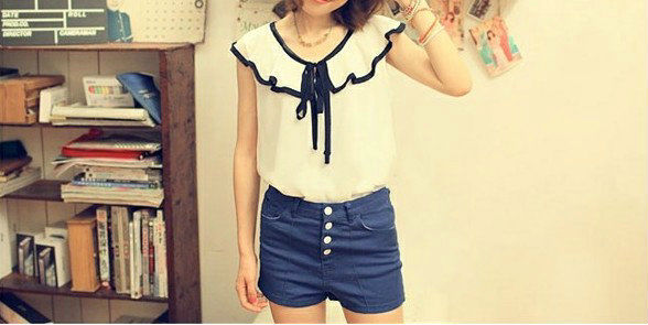 Wholesale+Free Shipping !! New!! 2013 Women's Preppy Style Falbala Bouffancy Sleeveless Chiffon Shirts Blouse 2 Colors