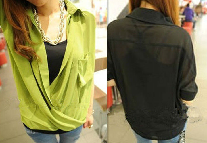 Wholesale+Free Shipping!! New!! 2013 Women's Retro Deep V Collar Short Sleeve Pure Color Chiffon Blouse Unique Style 4 Colors