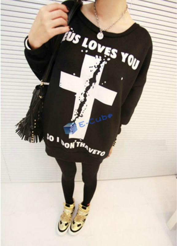Wholesale+Free Shipping !! New!! 2013 Women'sEuropean Cross Letter Printed Hoodie Loose Black Shirt Smock Outwear