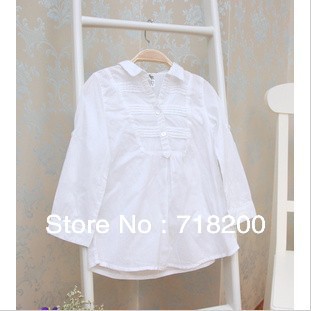 Wholesale Free shipping new arrival 2013 spring fashion white solid three quarter sleeves chiffon girls shirts