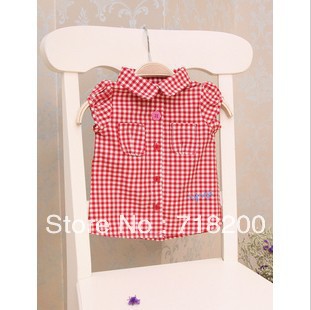 Wholesale Free shipping new arrival 2013 summer girls fashion beautiful and lovely cotton plaid sleeveles shirts