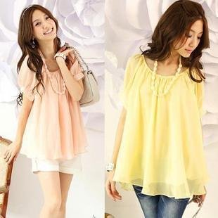 Wholesale + Free Shipping  New fresh summer sweet lantern sleeve to send the original Chiffon node chain chiffon shirt6810#