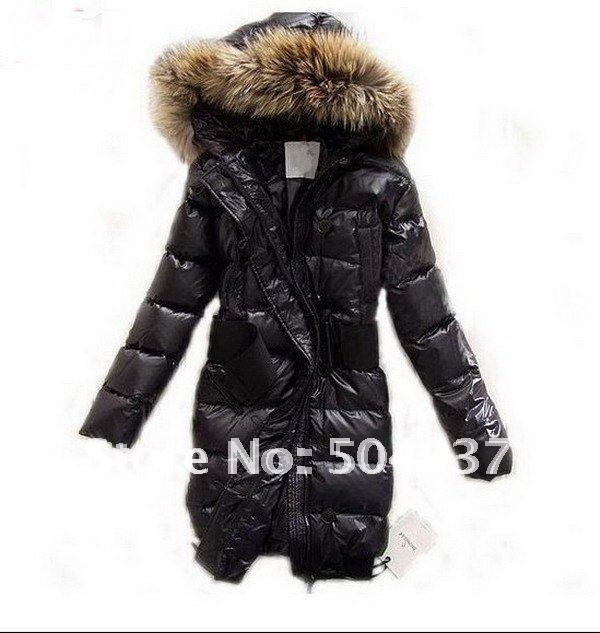 Wholesale Free shipping New Style Celebrity Lady's Long Winter Down Jacket Real Hood Fur/Women Down Coat /Black/Beige