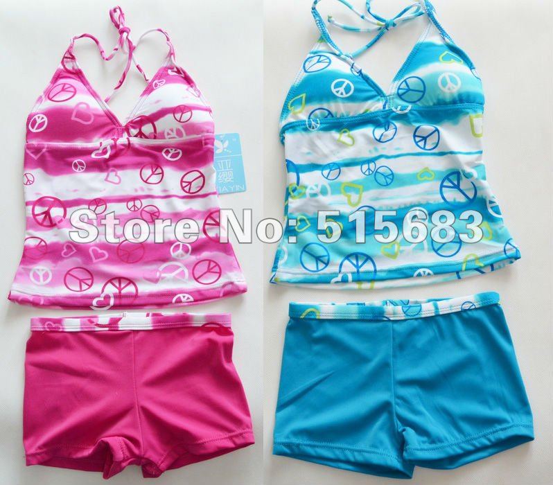 Wholesale-Freeshipping-Pink Blue Girls Swimwear Tankini Beachwear Bikini Swimsuit Top Pants 6-16Y Bathing Holiday 5Set Each Lot
