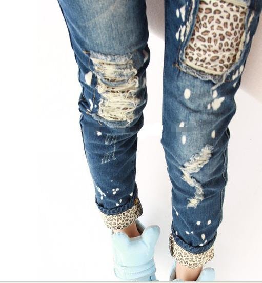 Wholesale Funny Detailed Women Leopard Cutout Broken Ripped Amazing Jeans Jeggings Free Shipping