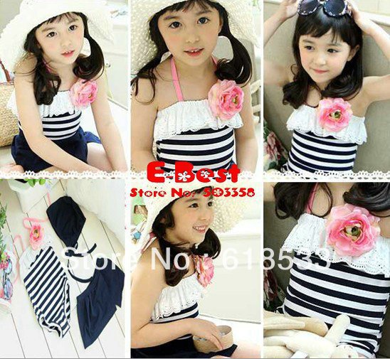 Wholesale!girl black&white striped swimwear cute flower bathing suits onepiece swimsuit+skirt+hat 3 pcs lace beach wear4sets/lot