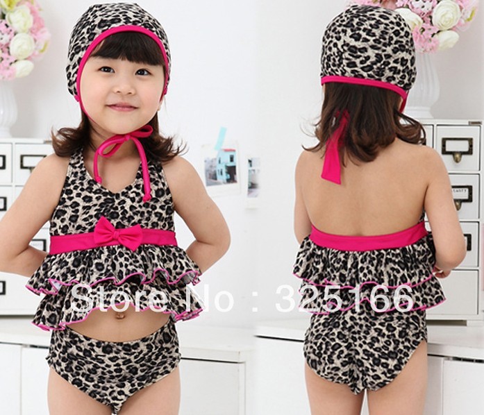 wholesale girl leopard swim wear kids sexy swimsuit  3pcs/set free shipping