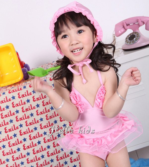 Wholesale - Girls Flower Swimwear Pink Hat + Kids Swim Suit Baby Girl Swimming Sets Bathing Costumes Mix Designs