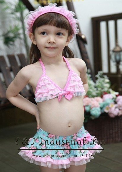 Wholesale - Girls Pink Lace Hood Swimsuit Hat + Kids Swim Suit Baby Girl Swimming Sets Bathing Costumes