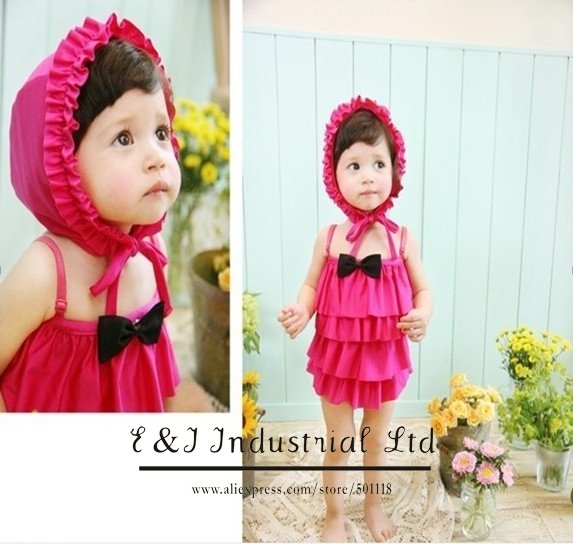 Wholesale - Girls Red Hood Swimwear Hat + Kids Swim Suit Baby Girl Swimming Sets Bathing Costumes Mix Designs