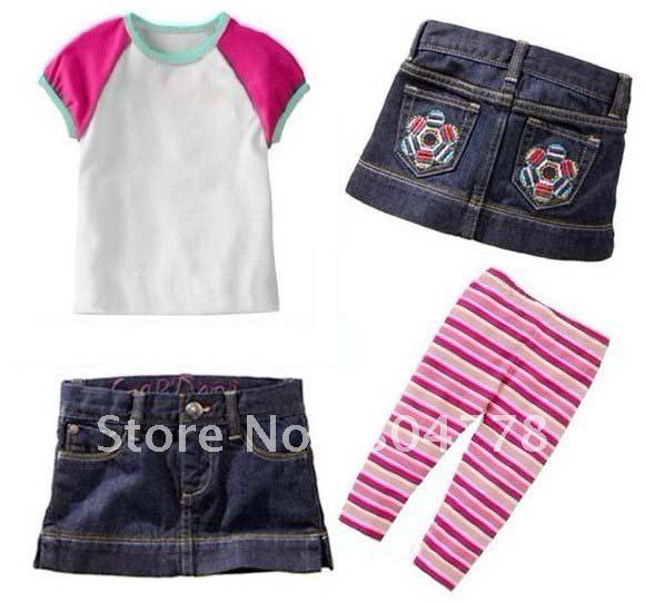 Wholesale - girls three piece suits girl summer t shirt + jeans skirt + pants girls clothes sets