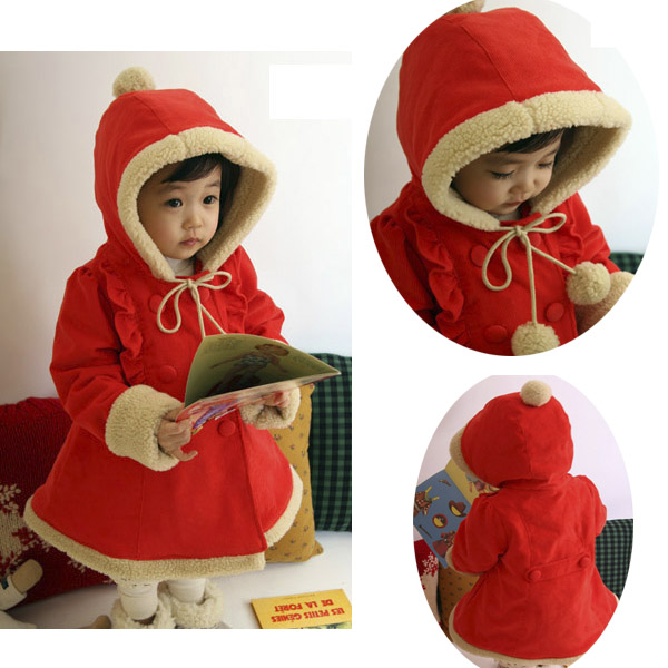 Wholesale Girls Winter Lamb Fur Hooded Coat Red Wadded Jacket Children's Christmas Outwear 5pcs/lot