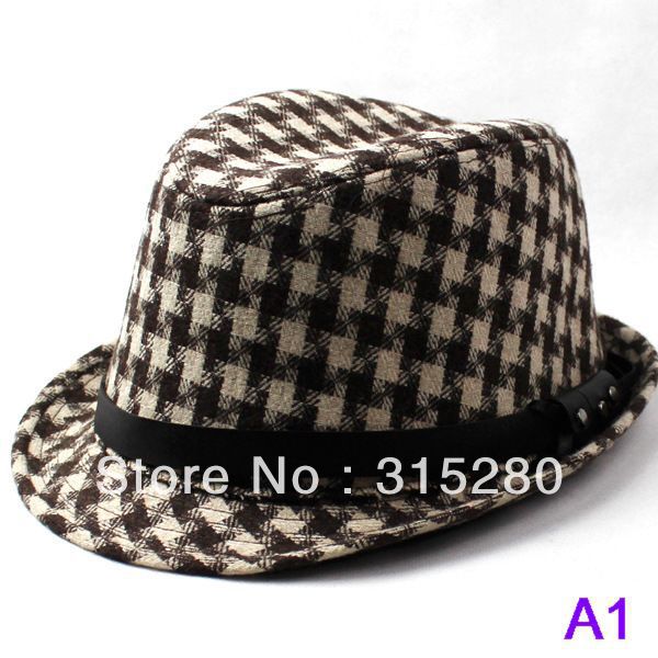 wholesale good quality  fashionable plaid jazz caps women and men  popular leisure party leather ribbon wool fedora hats