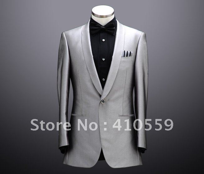 Wholesale - Groom Tuxedos Wedding Groomsman Men Bridegroom Suits grey bright silk tuxedos Free shipping