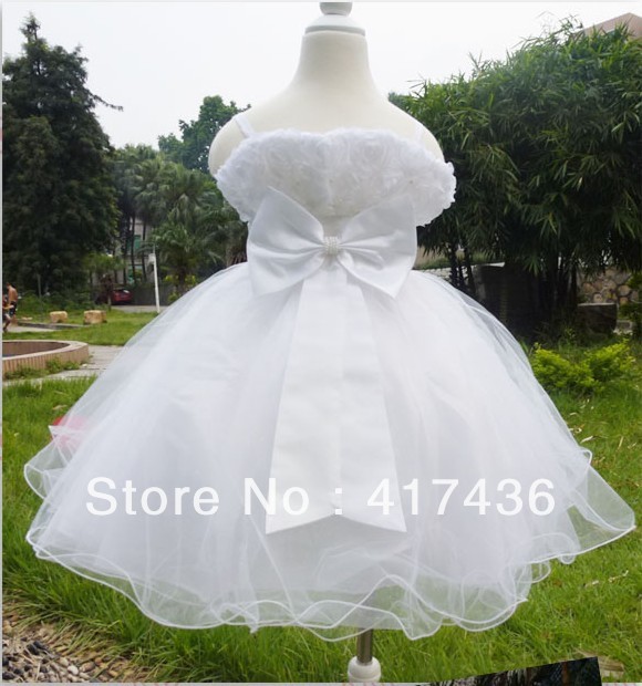 Wholesale High Quality White A-line Flower Girl Dress Flowers Spaghetti Straps Beads Sequined Ruched Children Wedding Party Gown
