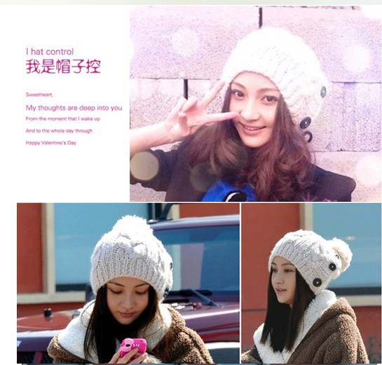 Wholesale-Hot New Women Hat Button Twisted Knitted Hat Female Knitting Wool Warm Hat