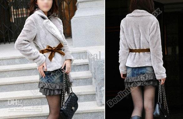 Wholesale - Hot Sale Korea Fashion Faux Fur Rabbit Hair Lady Warm Coat Jacket Fluffy Short Outwear Belted #3376