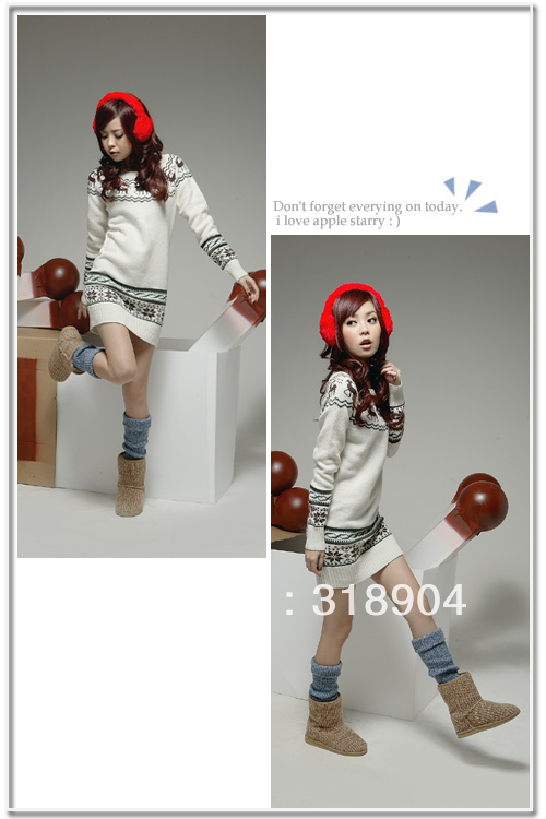 Wholesale Hot sale ! Slim and Comfortable long pattern  snow Deer  Womens Knitted Sweater O-Neck thick coat  Average Size LS0039