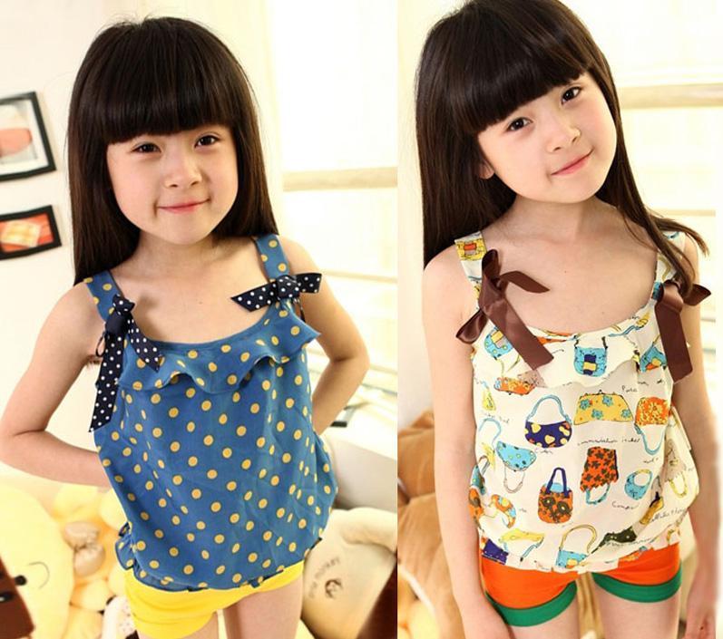 Wholesale -- Hot sell summer chiffon bow Children t-shirt Girls spaghetti strap top child T-shirt #xy-2036